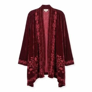 New Time for Me Kimono Cardigan Women 2X Red Velvet Embroidered Open Front